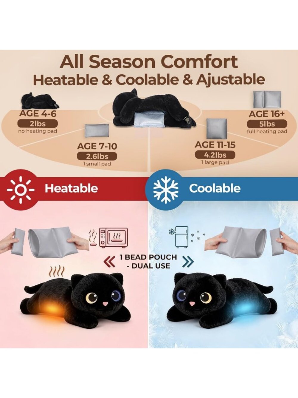 Black Cat Weighted Plush 2-5 Lbs 23" Microwavable Heatable Coolable Toy - Picture 6 of 6